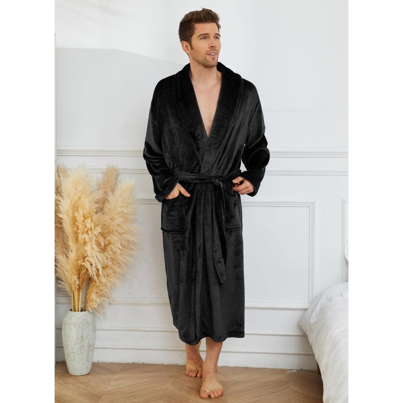 U2SKIIN Mens Fleece Robe Plush Collar Shawl Bathrobe(Black,S/M) - Image 2